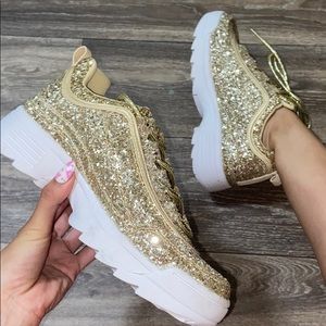 Liliana Gold Glitter Chunky Lugged Lace Up Sneaker